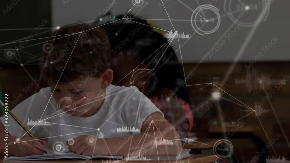 Poster studying at desk, child with data processing animation over classroom background