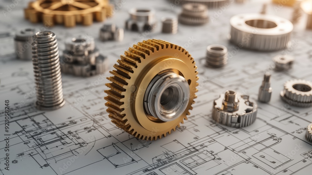Poster close-up of mechanical gears and blueprints, concept of engineering design in product development. t
