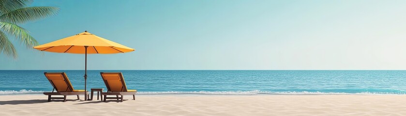 Fototapeta premium 3D sun loungers under umbrellas on a sandy beach, summer 3D background, relaxing and inviting
