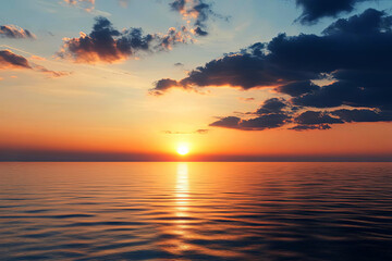 3D sunset over a calm ocean with a sailboat, summer 3D backgroun