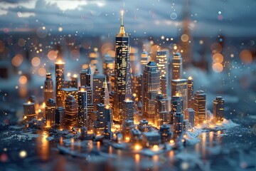 Fototapeta premium A beautifully illuminated cityscape featuring towering skyscrapers under a twilight sky with a light dusting of snow. Generative AI