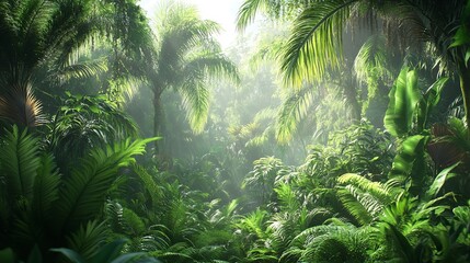 Naklejka premium Enchanting tropical jungle with lush greenery and sunlight