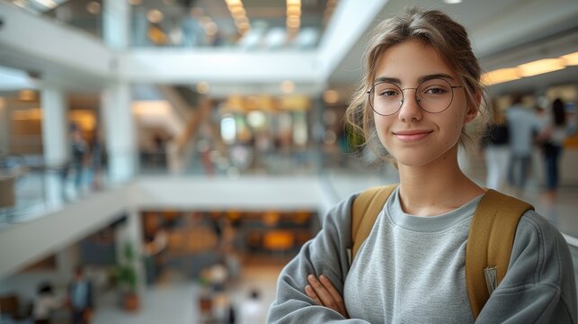 Student smiles confidently in a bustling university atrium during the day