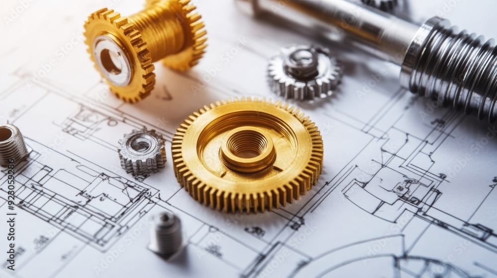 Poster close-up of mechanical gears and blueprints, concept of engineering design in product development. t