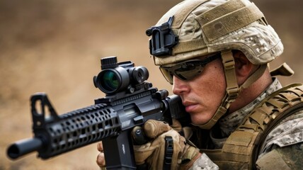 Fototapeta premium Professional American soldier aiming with weapons machine