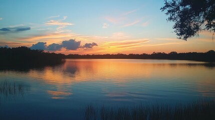 Fototapeta premium Sunset over a tranquil lake with orange and blue hues, reflecting the beauty of nature
