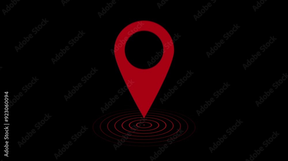 Poster 3d rendered animation of gps icon pointer pin in red color on black background. alpha channel includ