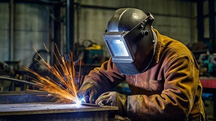 Professional welder welding metal construction parts