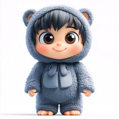 3D clay of a cute boy wearing a grey onesie with a hood isolated with white background