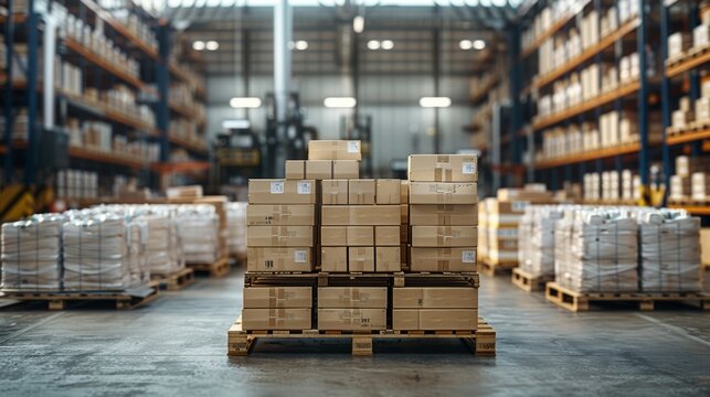 Stacks of boxed goods ready for shipment in a large warehouse during daytime