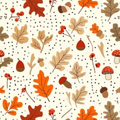 make a simple overall pattern with oak leaves, small leaves, orange berries, red mushrooms, acorns and small grey dots against a cream white background