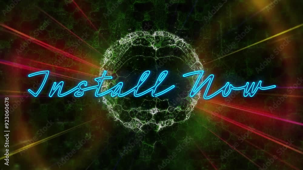 Poster install now text animation over glowing circular pattern with red and green rays