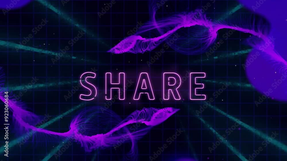 Poster share text animation over purple abstract shapes on dark grid background
