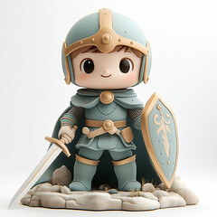 3D clay of a knight boy in blue armor, holding a sword and shield, standing on a rocky base isolated with white bakcground