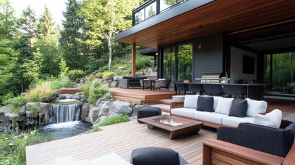 Fototapeta premium Modern cozy house with deck and modular furniture by river waterfall