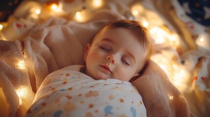 A peaceful sleeping baby wrapped in a soft blanket surrounded by warm, glowing fairy lights, evoking a serene atmosphere.