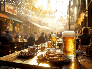 Obraz premium table with people sitting at the Oktoberfest drinking beer from mugs and eating snacks. AI generative.