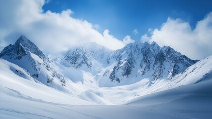 Obraz premium Snowy Mountain Peaks under a Bright Blue Sky