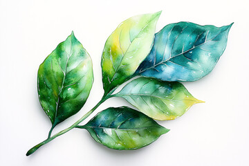  A vibrant green leaf with a yellow tint, painted in watercolor on a white background