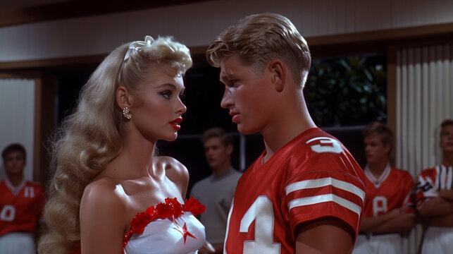 A 1960s blonde cheerleader stands beside her jock quarterback boyfriend