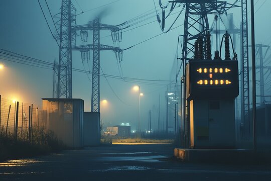 A transformer at an electrical substation. Transmission of electricity.