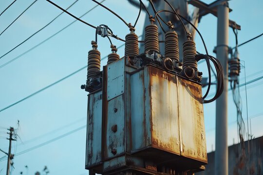 A transformer at an electrical substation. Transmission of electricity.