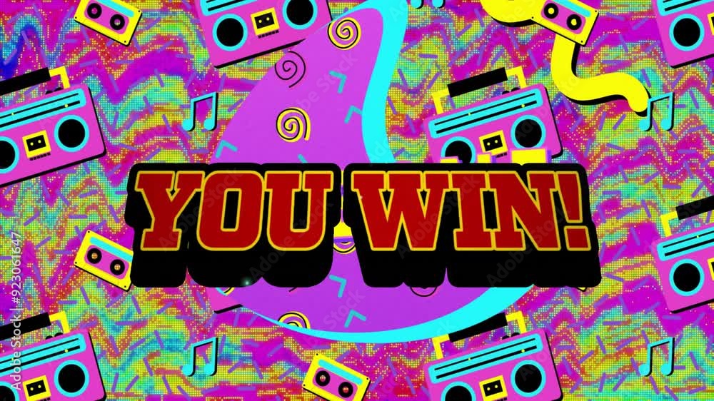 Poster winning text animation over colorful retro-themed background with boomboxes and music notes