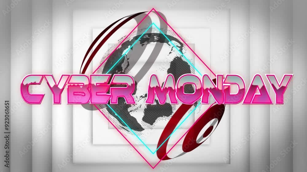 Aufkleber cyber monday text animation with globe and geometric shapes in background
