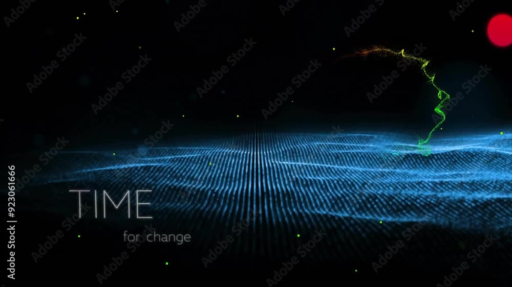 Poster time for change text animation over digital landscape with glowing particles