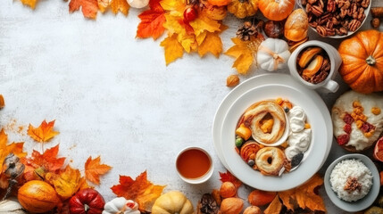 A view of an autumn-coloured and colourfully decorated table. AI generative.