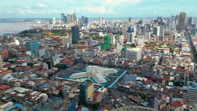 Phnom Penh Capital of Cambodia, aerial drone city modern buildings, SE Asia