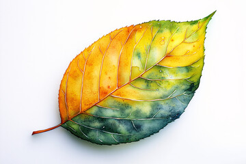 A vibrant green leaf with a yellow tint, painted in watercolor on a white background.