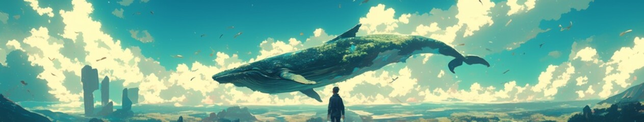 Obraz premium Surreal Anime Winter Wonderland: Moss-Covered Whale Descending from Sky into Rocky Wilderness. Dreamy 2025 Spring Festival and Christmas Scene. Enchanting Children's Book Illustration and Creative Mar