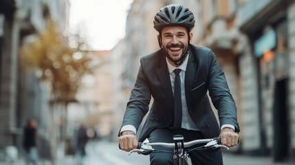 Happy businessman riding a bicycle in the city, wearing a suit and helmet for safety on the way to work. saving resources and sustainable lifestyle concept.