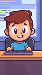 A cheerful cartoon character sitting at a computer, engaging with technology.