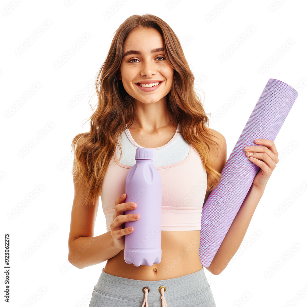 Wall mural smiling young woman holding mat and water bottle, yoga concept isolate on transparency background