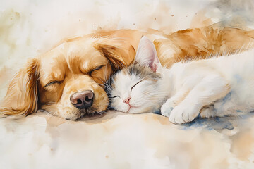  A golden retriever and a tabby cat napping together