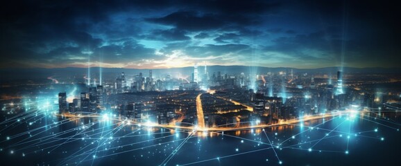 Fototapeta premium Futuristic cityscape with digital lines and data connections in the sky, wide-angle shot, city skyline at night with illuminated skyscrapers, futuristic technology concept, wide panorama. 