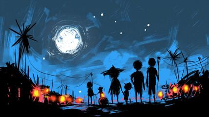 Obraz premium Silhouetted Figures Under Full Moon in Festive Night Scene, Halloween Celebration Illustration