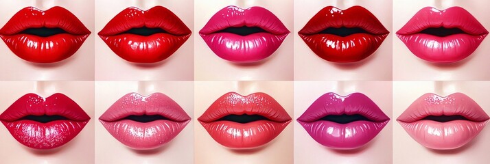 Fototapeta premium A vibrant grid of close-up digital illustrations showcasing lips with various shades of glossy lipsticks