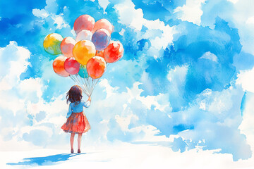 Watercolor painting of a girl with balloons in the blue sky