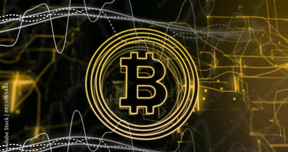 Poster Bitcoin symbol with circular lines and data processing animation on dark background