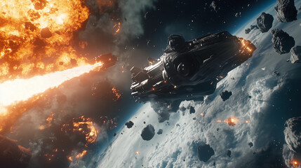 spaceship and planet, action scene from space blockbuster movie