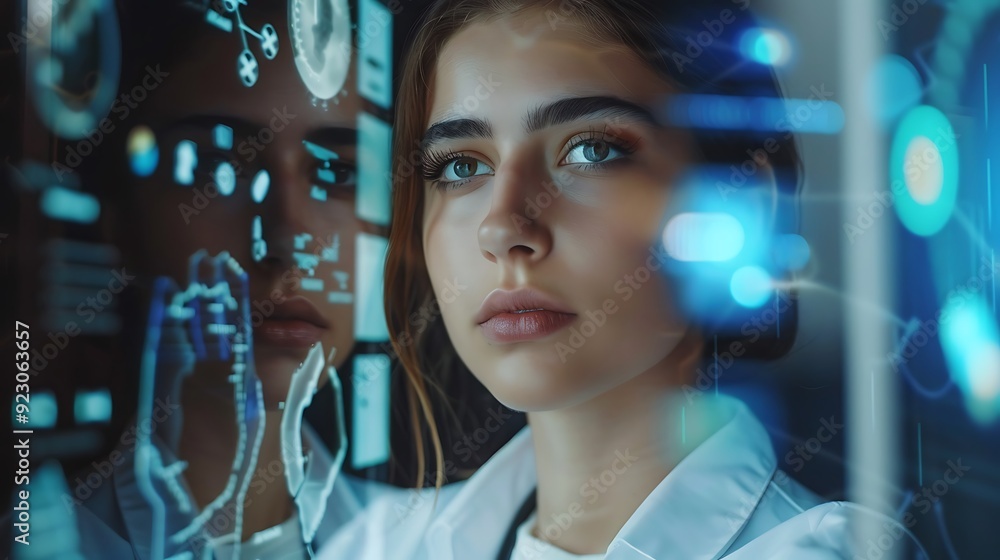 Poster woman in a white lab coat gazes intensely at a screen displaying data and graphs, highlighting her f