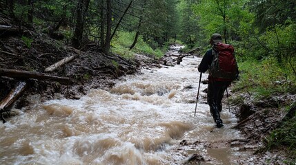 Obraz premium A hiker navigates a flooded stream in a lush forest.