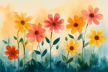 Vibrant watercolor painting of blooming flowers in various shades of red, pink, yellow, and orange
