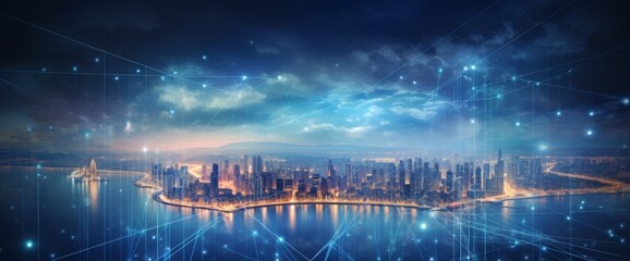 Abstract cityscape with digital data lines and night sky, futuristic skyline background. Concept of global network connection technology in an urban environment. 