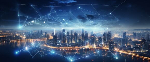 Futuristic cityscape with digital lines and data connections in the sky, wide-angle shot, city skyline at night with illuminated skyscrapers, futuristic technology concept, wide panorama. 