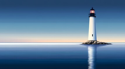 A lone lighthouse stands tall against a blue sky and calm sea at dusk.