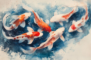Six vibrant koi fish swim gracefully in a serene pond, their scales shimmering with colors of red, white, and blac